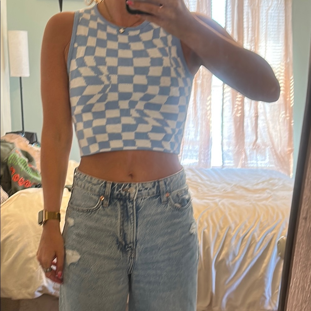 Blue and White Checkered Women's Crop Top